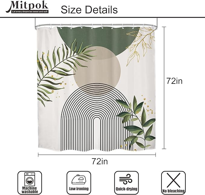 4 PCS Green Boho 72Wx72H Shower Curtain Set Abstract Gold Grey Modern Minimalist Bath Rug Toilet Lid Cover Nonslip U Shape Mat Quick Dry Rubber Backed Dirt Resistant Accessories Bathroom Decor - Image 4