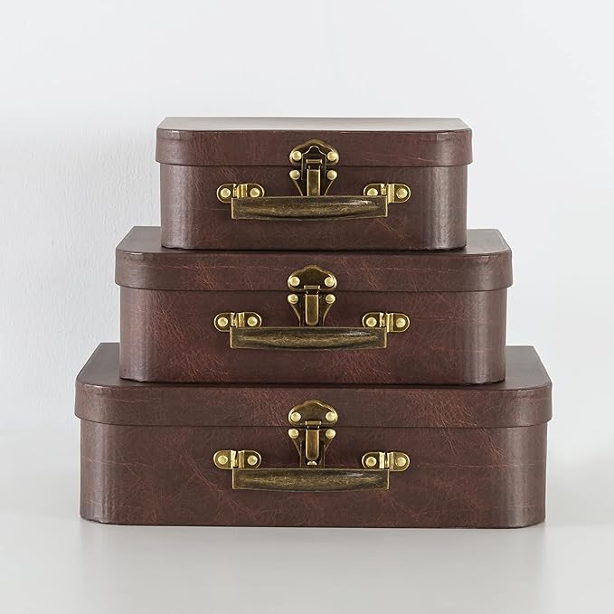 SLPR Paperboard Suitcases Set of 3, Brown Leather - Vintage Cardboard Suitcase Decor, Nesting Luggage Decorative Mache Boxes with Hinged Lids and Brass Handle, Mini Suitcases for Centerpieces - Image 2