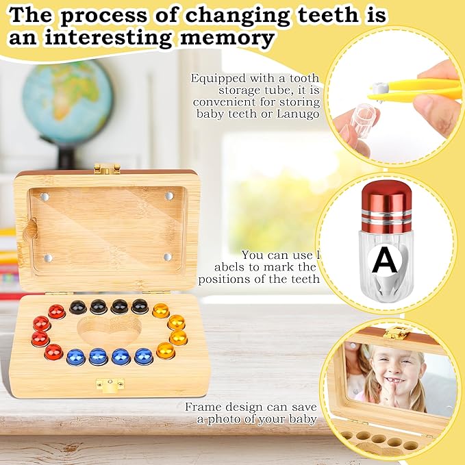 Wooden Tooth Fairy Keepsake Box for Kids, Baby Teeth Storage Organizer with 16 Sealed Plastic Tubes, Tweezers & Label Paper for Lost Teeth Collection - Image 5