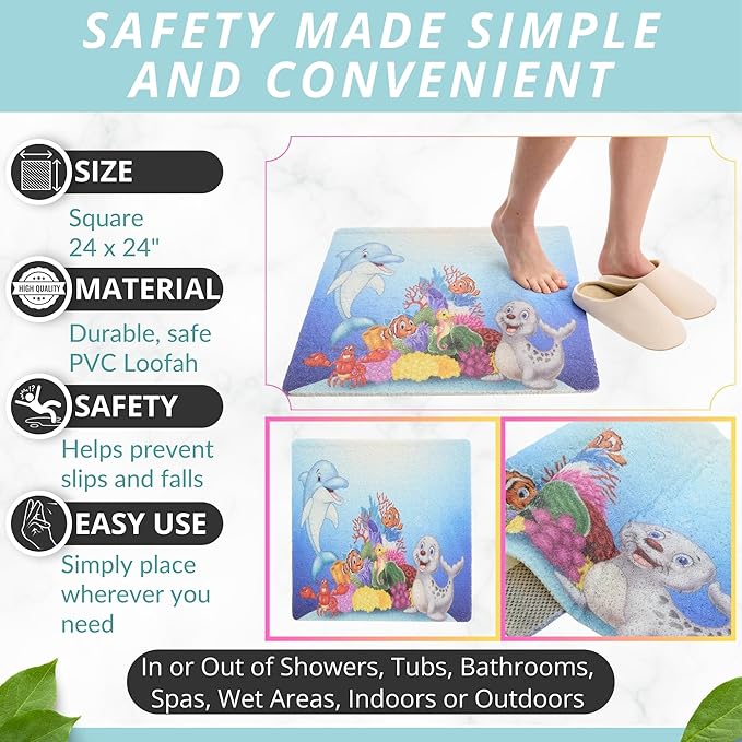 Enkosi Loofah Non-Slip Shower Mat – Square Anti-Slip Bath Mat for Kids, Tub, Bathtub & Walk-in Stalls, Cushioned PVC, Quick-Dry with Drain Holes – Bathroom Floor Safety Pad (Dolphin, 24x24) - Image 3