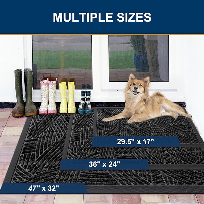 Smiry Front Door Mat Outside Entrance, Heavy Duty Sturdy Natural Rubber Doormat, Trap Dirt and Moisture, Easy Clean Low Profile Mats for Indoor Outdoor Entry, Interwoven Stripes 29.5x17, Black - Image 2