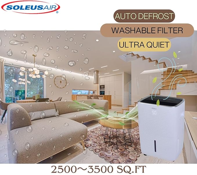 Soleus Air Energy Star Rated 1,800 SqFt., 25 Pint Dehumidifier With Mirage Display and Tri-Pat Safety Technology (25 Pint), White - Image 8