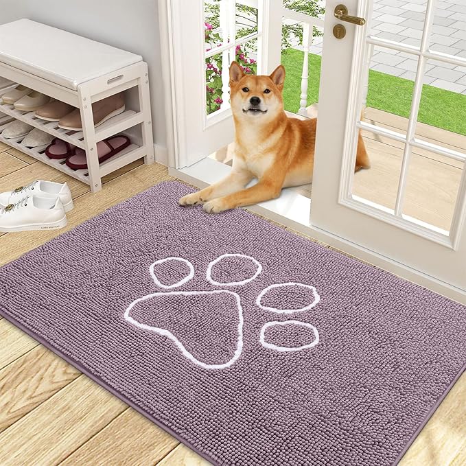 OLANLY Dog Door Mat for Muddy Paws 48x30, Paw Print Design, Absorbs Moisture and Dirt, Absorbent Non-Slip Washable Doormat, Quick Dry Chenille Mud Mat, Entry Indoor Entryway Carpet, Deep Plum by OLANLY