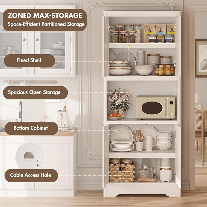 Garvee 72" Tall Pantry Cabinet, Kitchen Hutch Storage Cabinet with Countertop for Microwave, Freestanding Wooden Cupboard with Carved Door & Crystal Handle, for Dining Room, Living Room, Antique White - Image 4