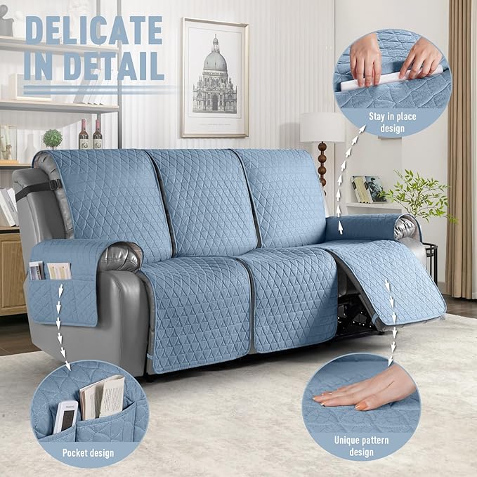 TAOCOCO 100% Waterproof Recliner Cover, Non-Slip Washable Reclining Couch Cover with Elastic Leg Straps, Furniture Protector for Dogs (Sky Blue, 3 Seater) - Image 6