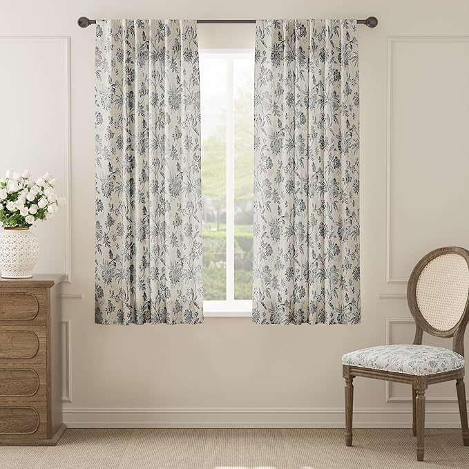 jinchan Linen Floral Curtains for Living Room with Printed Flower 63 Inches Long Light Filtering French Country Back Tab Rod Pocket Black Window Curtain Set Farmhouse Drapes 2 Panels Black - Image 2