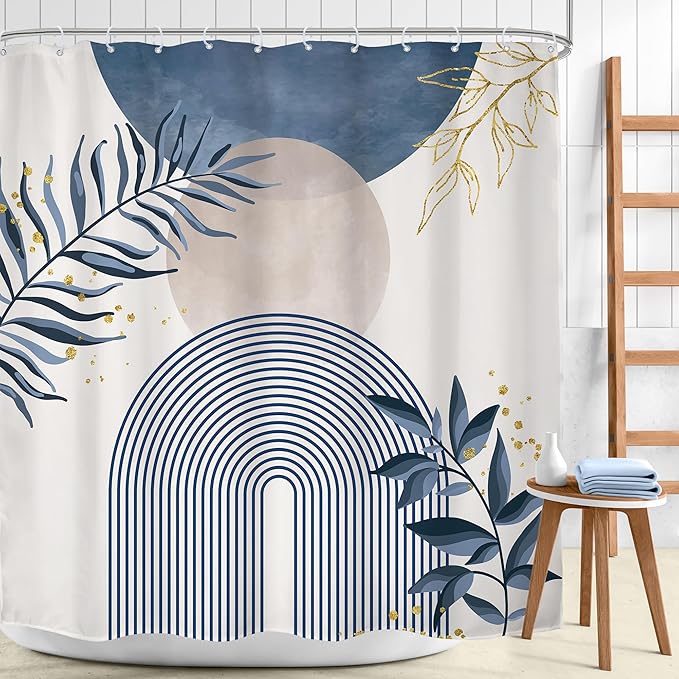 Blue Boho Shower Curtain 72Wx72H Modern Bohemian Abstract Leaves Plant Botanical Grey Mid Century Minimalist Arch Bathroom Decor Geometric Neutral Bath Curtain Fabric Polyester 12 Pack Hook - Image 2