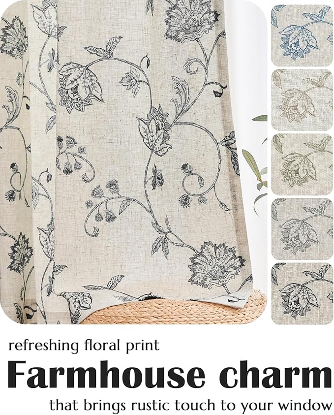 jinchan Linen Curtains Floral Curtain 84 Inch Length for Living Room Bedroom Light Filtering Rod Pocket Back Tab Jacobean Curtains Flax Linen Texture Window Drapes Set 2 Panels Black on Linen - Image 6