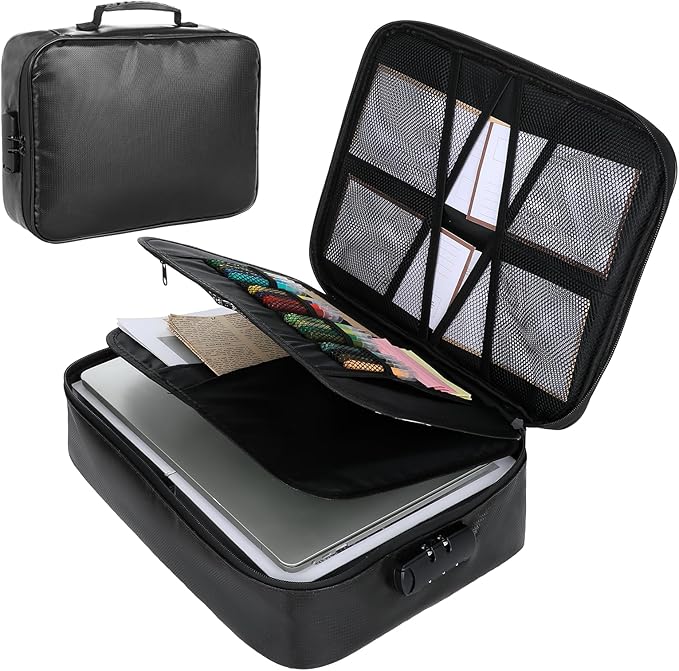 Fireproof Document Box with Lock, Waterproof File Organizer Portable Travel Safe Storage Black Insulated Document Holder for Important Documents Passport Certificates Money U Disk Cards - Image 8
