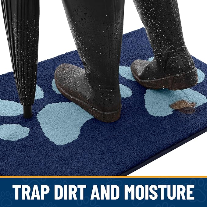 Smiry Dog Door Mat for Muddy Paws, Absorbs Moisture and Dirt, Low-Profile Entryway Mat with Non-Slip Backing, Entry Indoor Outdoor Doormat for Inside Floor (47x24 Inches, Dark Blue, Paw) - Image 2