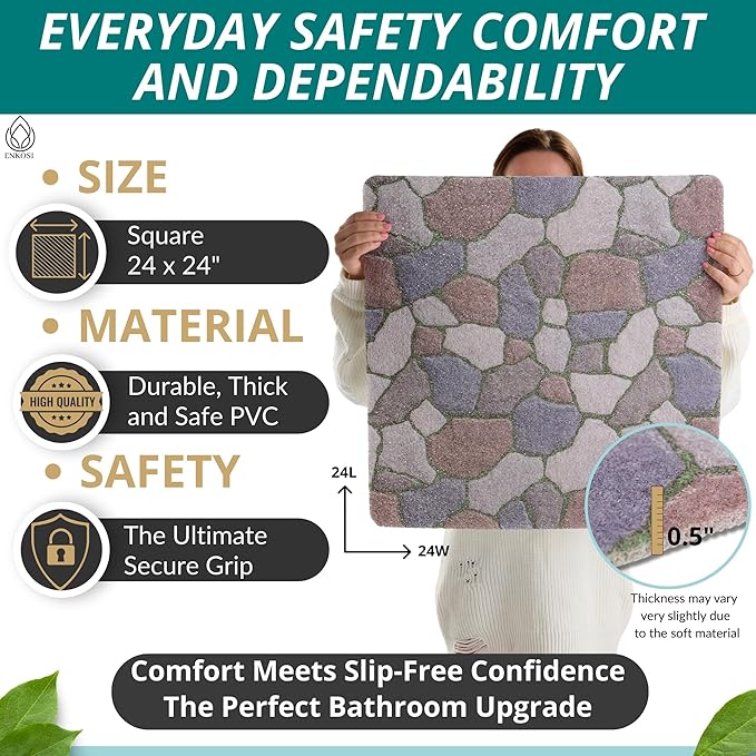 Anti Slip Shower Mat Square - Non Slip Shower Mats for Inside Shower - 24x24 Shower Floor Mat Non Slip - Square Bath Mat for Shower - Secure Loofah Shower Mat No Suction Cups (24x24 Stone Path) - Image 3