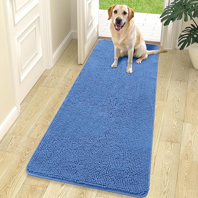 OLANLY Dog Door Mat for Muddy Paws 70x24, Absorbs Moisture and Dirt, Absorbent Non-Slip Washable Doormat, Quick Dry Chenille Mud Mat, Entry Indoor Entryway Carpet for Inside Floor, Cornflower Blue by OLANLY