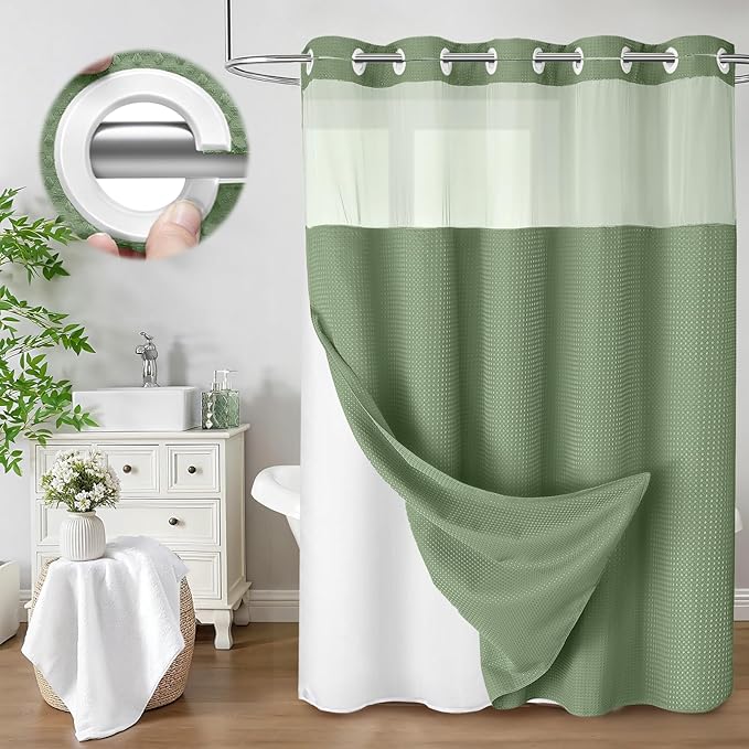 No Hook Shower Curtain and Liner Set,Green Hotel Waffle Shower Curtain with Liner 75" L x 72" W by Unknown