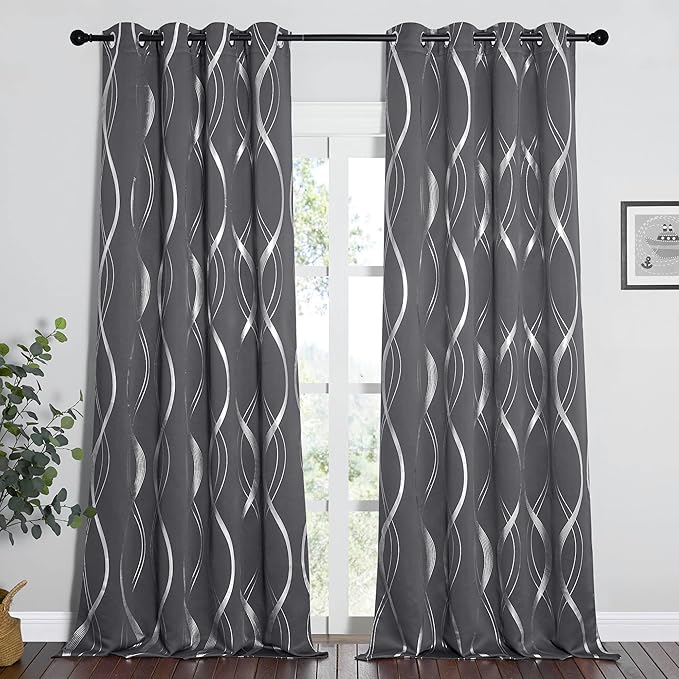 NICETOWN Extra Long Blackout Curtains for Large Window, Grey, 52" x 102", 2 Panels, Foil Printed Wave Lines Energy Saving Thermal Insulated Blackout Draperies for Kids Nursery Boys Bedroom - Image 2