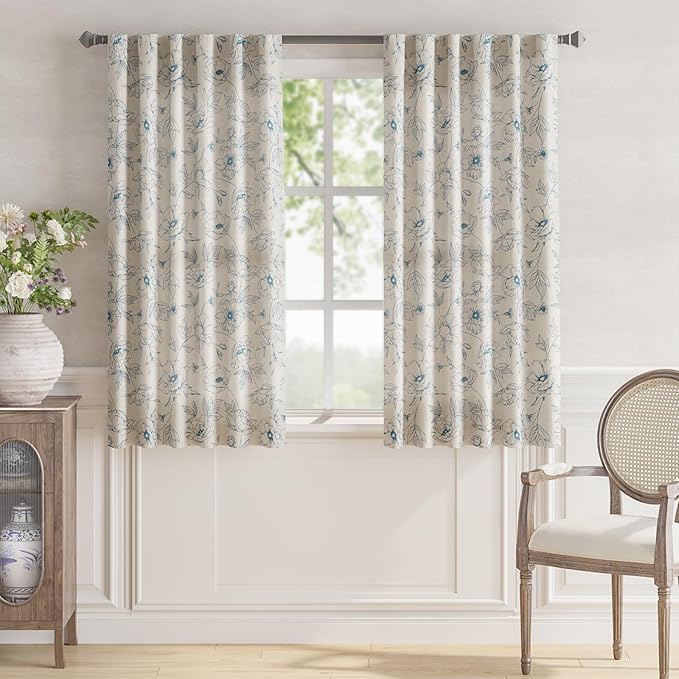 jinchan Floral Linen Curtains for Living Room 63 Inch Length Blue Flower Curtain Rod Pocket Back Tab Farmhouse Curtains with Printed Floral Bedroom Window Curtain Set, 2 Panels Blue - Image 2