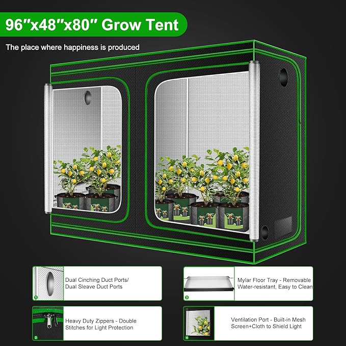 MELONFARM 4x8 Grow Tent, 96"x48"x80" High Reflective 600D Diamond Mylar Canvas with Observation Window and Floor Tray for Hydroponic Indoor Plant Growing - Image 4
