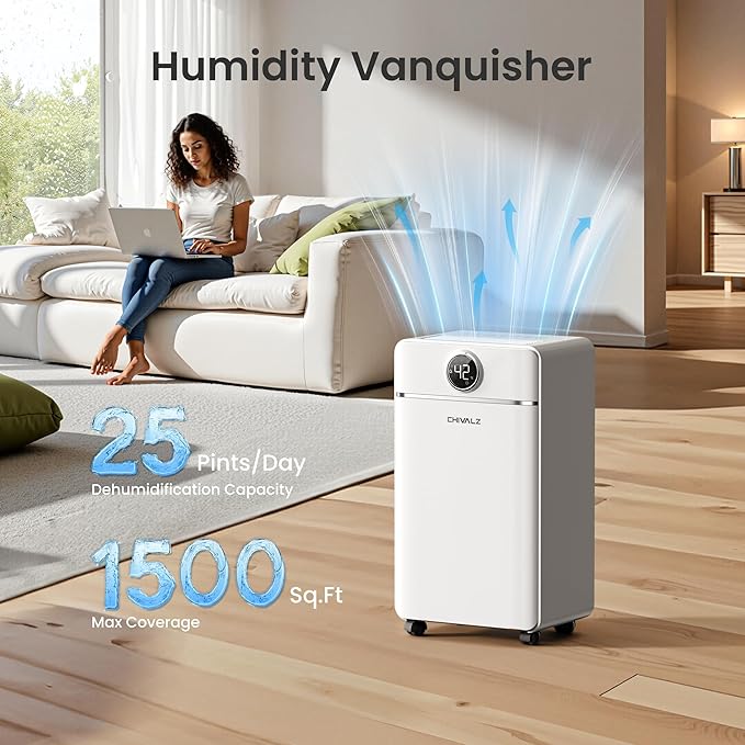 CHIVALZ 1500 Sq.Ft Dehumidifier for Basement with Drain Hose Max 25 Pints, Dehumidifiers for Home, Bedroom, Bathroom, Quiet, Intelligent Humidity Control, 3 Modes, 24H Timer, White 1Pack - Image 3