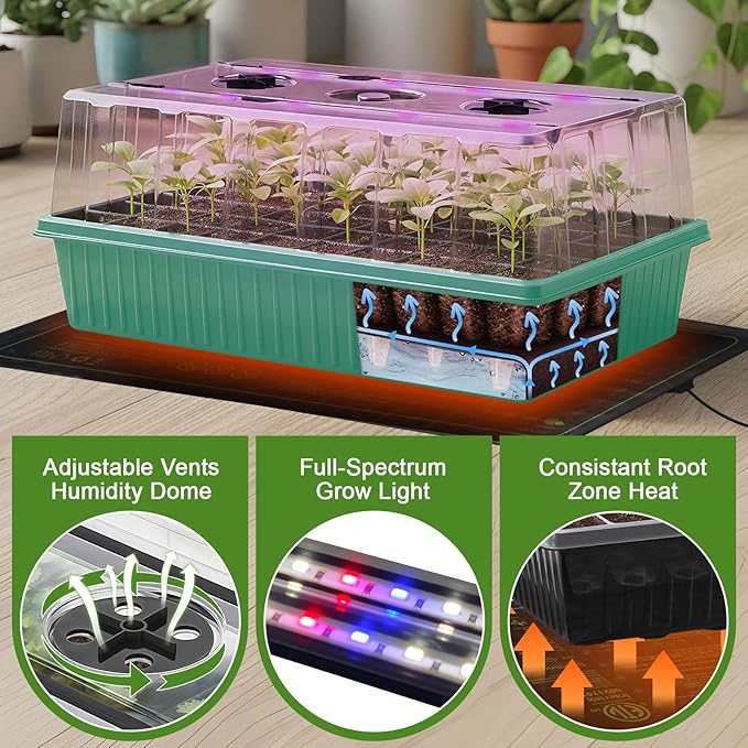 60-Cell Self-Watering Seed Starter Tray with Grow Light, Indoor Seed Starting Kit Trays with Heat Mat, Adjustable Brightness Plant Germination Trays Growing Kit with 4.13" Humidity Dome for Seed Grow - Image 3