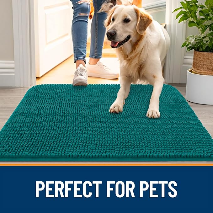 OLANLY Dog Door Mat for Muddy Paws 40x32, Absorbs Moisture and Dirt, Absorbent Non-Slip Washable Doormat, Quick Dry Chenille Mud Mat for Dogs, Entry Indoor Entryway Carpet for Inside Floor, Lake Blue - Image 6
