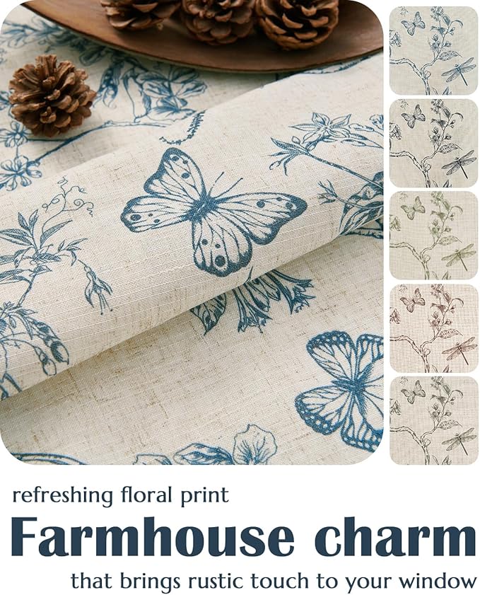 jinchan Floral Linen Curtains for Living Room 84 Inch Length Butterfly Curtain Blue Floral Curtains French Country Farmhouse Curtain Flower Patterned Drapes Window Treatment Set 2 Panels - Image 8