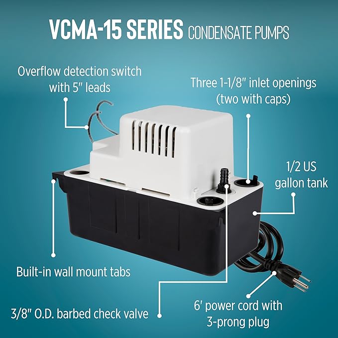 Little Giant VCMA-15ULS 115 Volt, 65 GPH, 1/50 HP Automatic Condensate Removal Pump for HVAC/Refrigeration Systems/Dehumidifiers with Overflow Detection Switch and 6-Foot Cord, White/Black, 554405 - Image 3