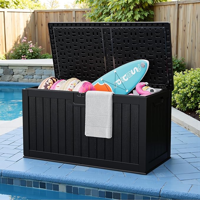 JUMMICO 250 Gallon Outdoor Resin Deck Box with Divider, Waterproof Storage Box with Lockable Lid&Side Handles for Garden Tools, Pools Supplies (Black) - Image 7