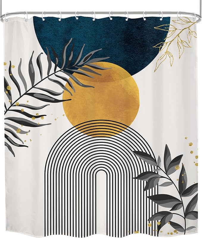 Navy Blue Boho Shower Curtain 60Wx72H Modern Bohemian Mid Century Abstract Gold Leaves Minimalist Geometric Plant Bathroom Decor Neutral Botanical Bath Curtain Fabric Polyester 12 Pack Hooks - Image 8