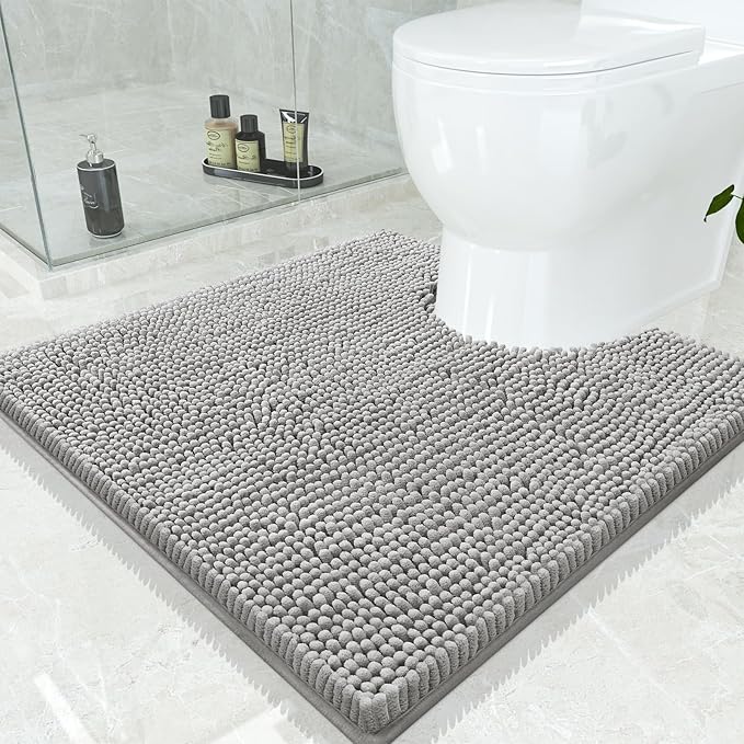 Smiry Luxury Chenille Toilet Rugs U-Shaped 24x24, Soft Absorbent Non-Slip Contour Bathroom Rugs for Toilet, Machine Washable Contoured Bath Mats, Light Grey by Smiry