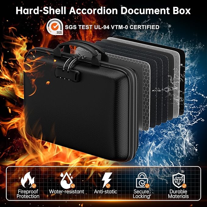ENGPOW Fireproof Document Box with Lock, Hard Case Fire & Water Resistant File Organizer with 25-Pocket Accordion File Folder, Portable Home Office Safe Storage for Important Documents Laptop Black - Image 2