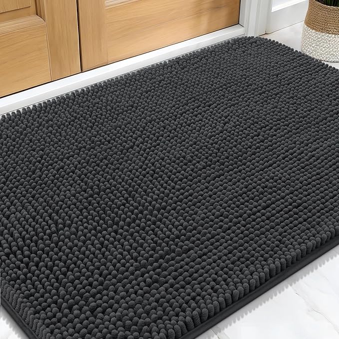 OLANLY Dog Door Mat for Muddy Paws 34x21, Absorbs Moisture and Dirt, Absorbent Non-Slip Washable Doormat, Quick Dry Chenille Mud Mat for Dogs, Entry Indoor Entryway Carpet for Inside Floor, Dark Grey by OLANLY