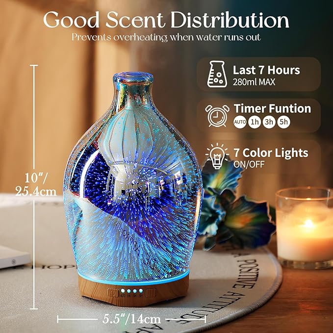 Porseme 280ml Essential Oil Diffuser 3D Glass Aromatherapy Ultrasonic Humidifier - Auto Shut-Off, Timer Setting, BPA Free for Home Hotel Yoga Leisure SPA Gift - Image 3