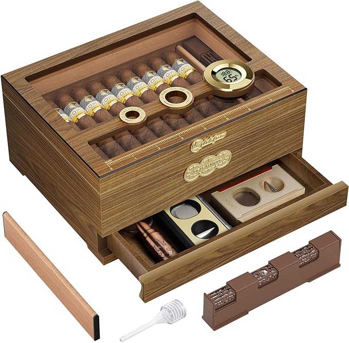Cigar Humidor, Glass Top Desktop Cigars Case with Digital Hygrometer, Humidifier, Cigar Accessories Drawer and Measuring Scale, Cigars Humidors Box for Men Gift by LIHTUN