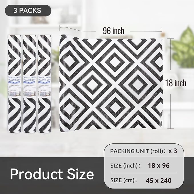 FIFTY FEET 18"x96" Non-Adhesive Shelf Liner for Kitchen Cabinets and Drawers, Washable Non-Slip PVC Cabinet Liner (Black Plaid)(3 Roll) - Image 5
