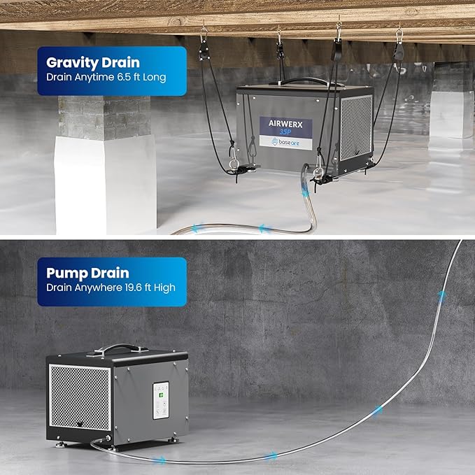 BaseAire Crawlspace Dehumidifier with Pump, Compact Dehumidifiers for Commercial, Basement and Water Damage with Drain Hose, 70 PPD, Auto Defrost, GLGR Technology, Up to 1000 Sq Ft - Image 6