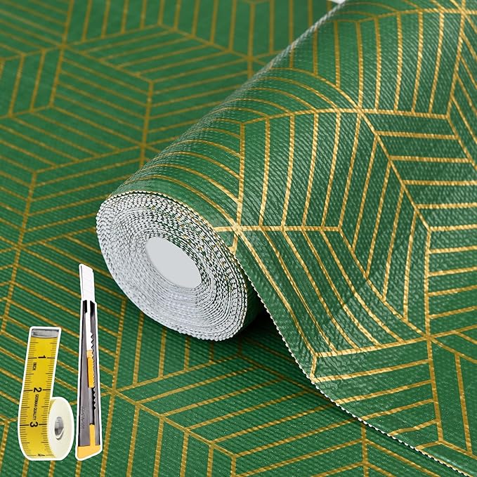 Shelf Liners for Kitchen Cabinets 23.6in x 30FT, Non Adhesive Cabinet Liner Strong Non-Slip Thickened Gold Green Geometric Drawer Liner, Easy to Clean for Shelf, Cabinet with Knife and Tape Measure by Kimhan