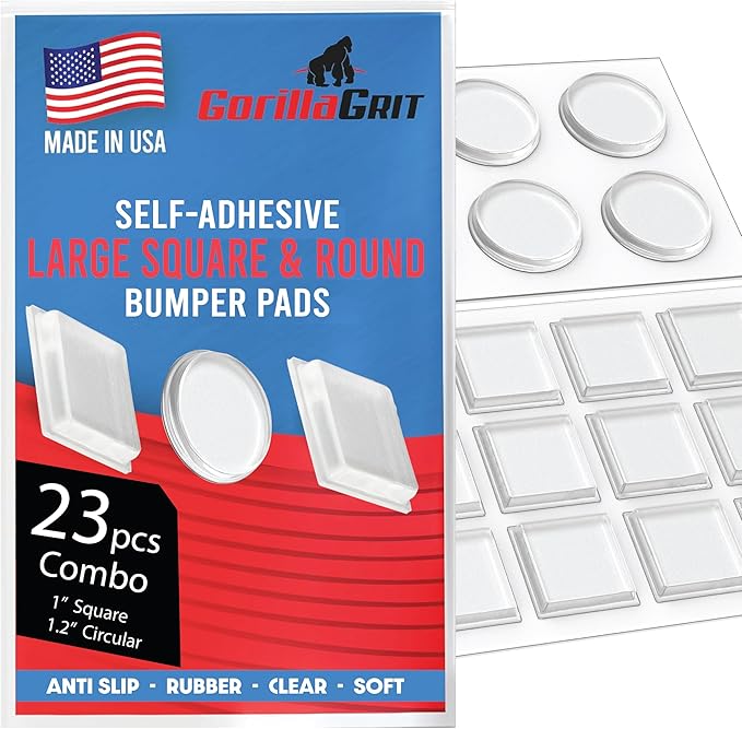 1 Inch Clear Adhesive Bumpers Combo Pack (Square, Circle) - Made in USA - Set of 23 Transparent Glass Protective Pads, Self Stick Rubber Pads for Glass Table Top, Furniture Feet, Picture Frames by GorillaGritBumpers