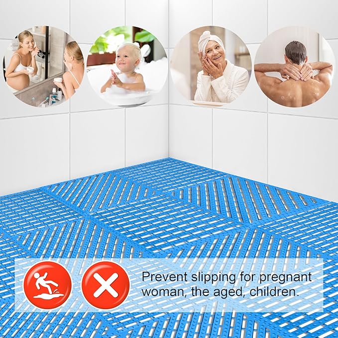 MYFAMIREA Modular Interlocking Cushion 12 Pack 11.8" x 11.8" Rubber Floor Tiles Non-Slip Splicing Drainage Mats for Deck, Pool, Shower, Patio, Balcony, Bathroom, Kitchen, Yard (1 Rows Dots, Blue) - Image 6