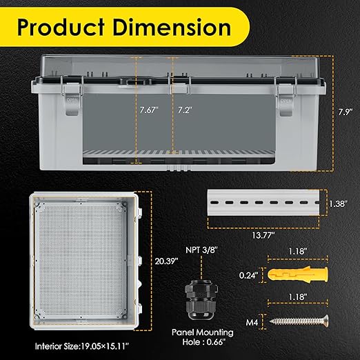 Waterproof Electrical Junction Box Outdoor, IP67 ABS Plastic Weatherproof Electrical Enclosure with Aluminum DIN Rail, Mounting Platem for WiFi Project, Clear (20.1''×16.1''×7.9'') - Image 3
