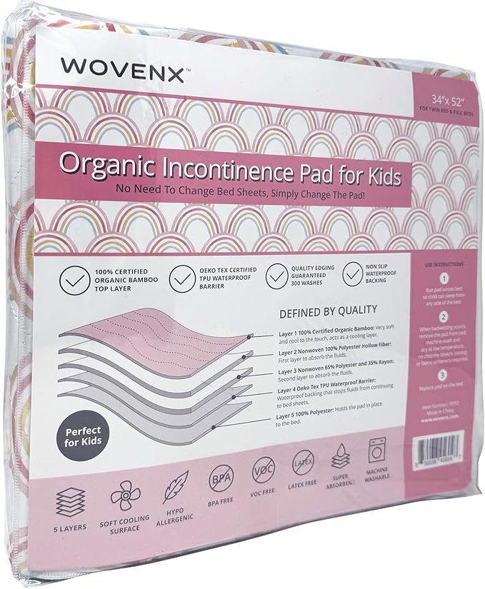 Organic Incontinence Pads for Kids & Toddlers - 5 Layer Waterproof Protectors for Overnight Bed Wetting - Reusable & Washable Pee Pads - Fits Twin to Full Size Beds - 34" x 52" Rainbow - Image 2