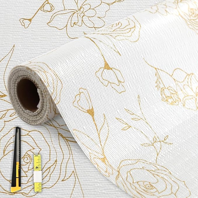 FINNEZ Drawer and Shelf Liner for Kitchen Cabinet Non Adhesive Non Slip 12in x 20FT, Heavy Duty Gripper Cabinet Liners, Waterproof No Residue Easy Cut with Measuring Tape & Cutter Tool (Golden Flower) by FINNEZ