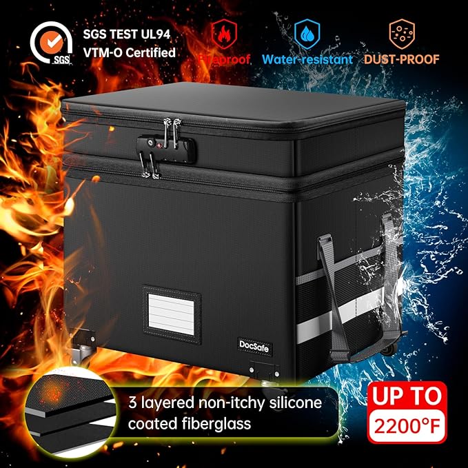 DocSafe Fireproof Document Box with Lock,2-Layer File Box with Wheels,Collapsible File Storage Organizer with Pockets,Large Portable Home Filing Cabinet for Hanging Folders,Black,16''x13.8''x12.2'' - Image 4