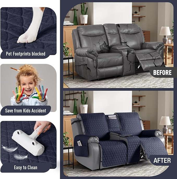 TAOCOCO 100% Waterproof Loveseat Recliner Couch Sofa Covers with Console,Double Reclining Couch Cover Non-Slip Sofa Slipcovers Washable,Furniture Protector Covers for Kids,Pets(2 Seater,Dark Blue) - Image 2