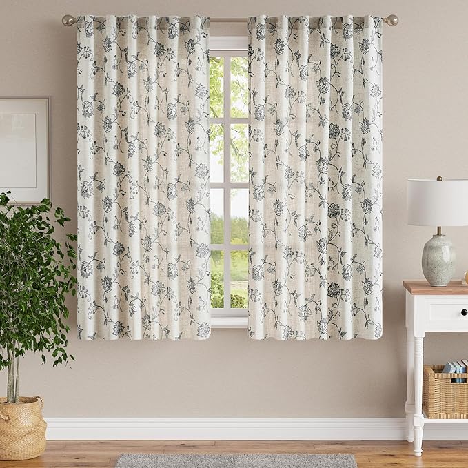 Jinchan Linen Floral Curtains 63 Inch Length for Living Room & Bedroom - Light Filtering Rod Pocket Back Tab Jacobean Curtains Flax Linen Texture Window Drapes Set 2 Panels Black on Linen - Image 2