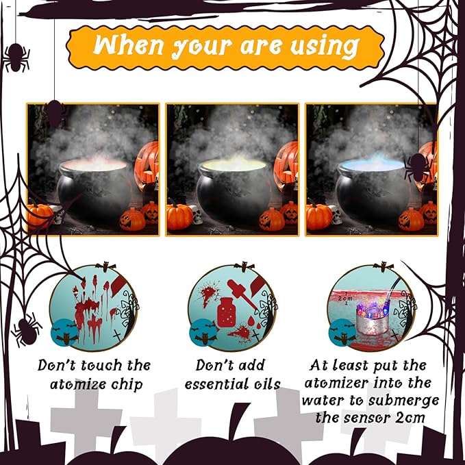Halloween Mist Maker, Halloween LED Ultrasonic Mister Fogger with Light Witch Cauldron Diffuser Fog Machine Atomizer Bowl Terrarium High Output Humidifier Water Vaporizer with Splash Guard Float Disc - Image 5