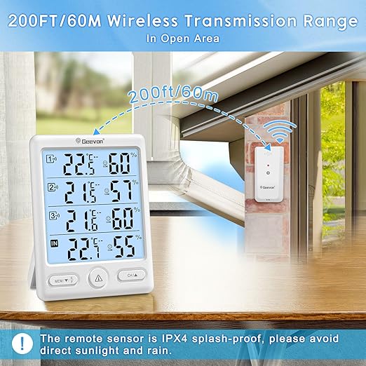 Geevon Indoor Outdoor Thermometer Wireless, 5-Inch Display Digital Hygrometer Thermometer Temperature Humidity Monitor with 3 Remote Sensors and Backlight, Battery-Powered(White) - Image 7