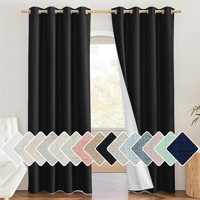 NICETOWN Vintage Open Linen Weave Flax Thermal Black Curtains for Holloween Decoration, 100% Blackout Curtains 84 inches Long 2 PCs for Dining Room, Soundproof Window Treatment Drapes for Hall Room by NICETOWN