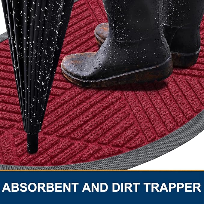 Smiry Half Circle Front Door Mat Outside Entrance, Heavy Duty Sturdy Natural Rubber Doormat, Trap Dirt and Moisture, Low Profile Mats for Indoor Outdoor Entry, Irregular Triangle (47x32, Wine Red) - Image 3