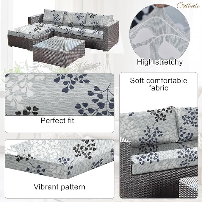 12Pcs Outdoor Stretch Cushion Covers,Waterproof Outdoor Chair Floral Cushion Covers for Patio Furniture, Washable Floral Couch Covers Replacement for Patio Furniture（Blue Grey） - Image 3