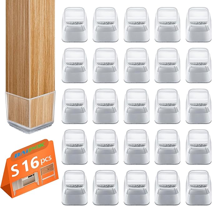 16pcs Square Chair Leg Floor Protectors, Furniture Pads for Hardwood Floors, Furniture Sliders for Chair Legs, Floor Protectors for Chairs, Silicone Chair Leg Caps Cover, Clear, Small by BAIPOK
