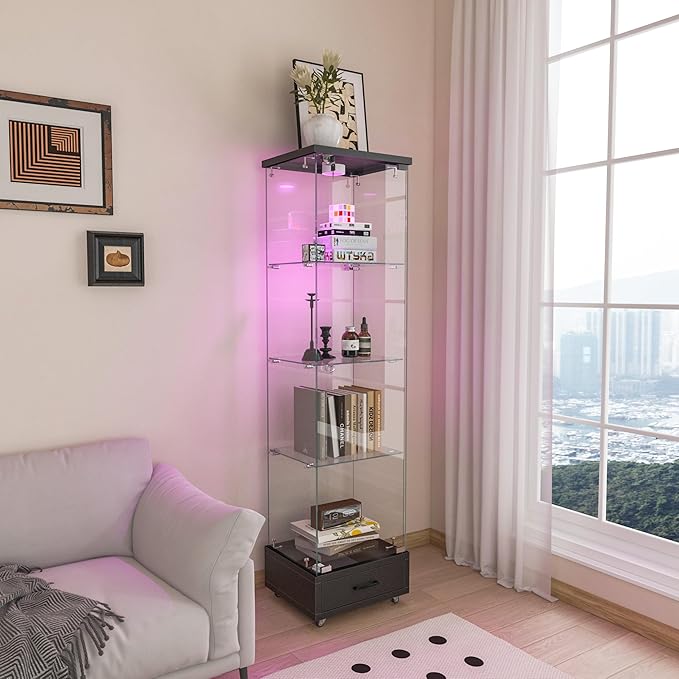 Yoluckea 4-Tier Glass Display Cabinet with LED Lighting and Drawer, 1-Door Floor Standing Curio Cabinet with Wheel for Home, Office, Corner Display, Black Glass Bookshelf for Collections and Decor - Image 8